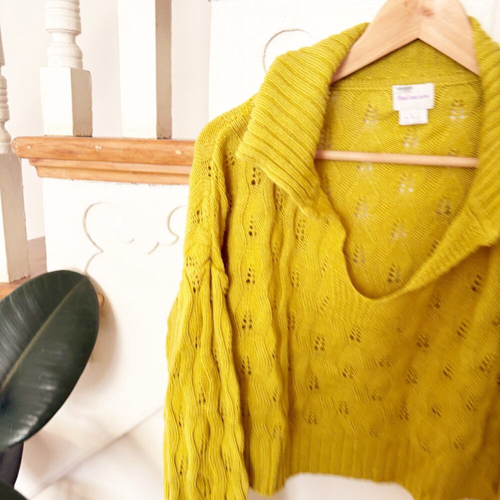 Find Me Now Cable Knit Sweater Chartreuse Cropped Eyelet Cozy Pullover Size L - Picture 3 of 7